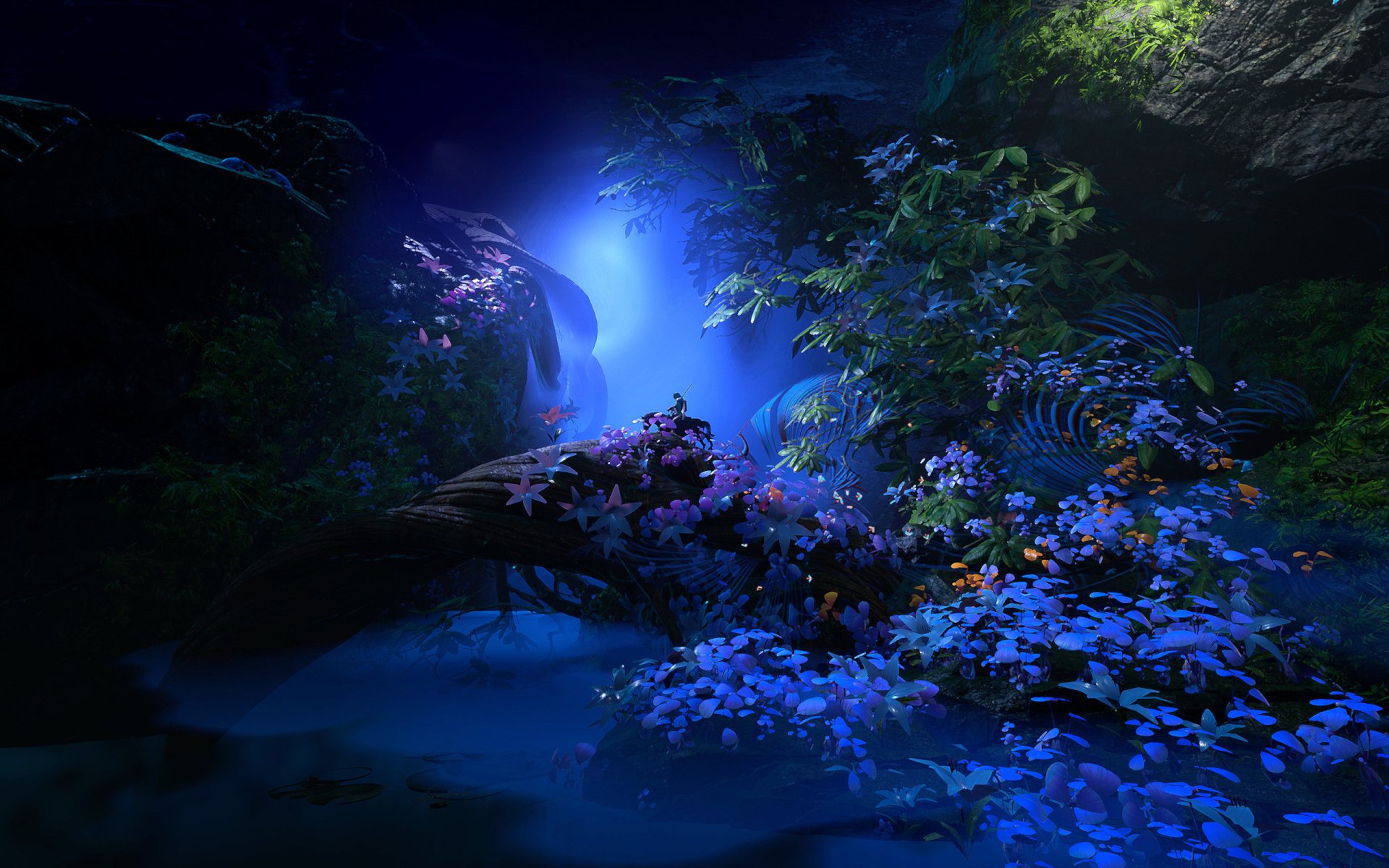 A fantasy warrior stands amid glowing flowers and lush foliage in a mystical night landscape, captured in an HD PC desktop wallpaper and background.
