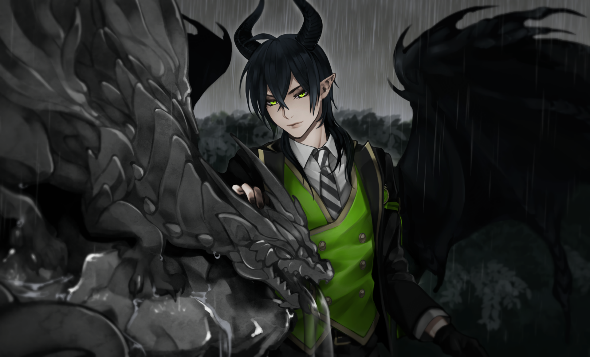 HD desktop wallpaper featuring Malleus Draconia from the video game Twisted Wonderland, showcasing dark fantasy elements with a dragon and moody atmosphere.