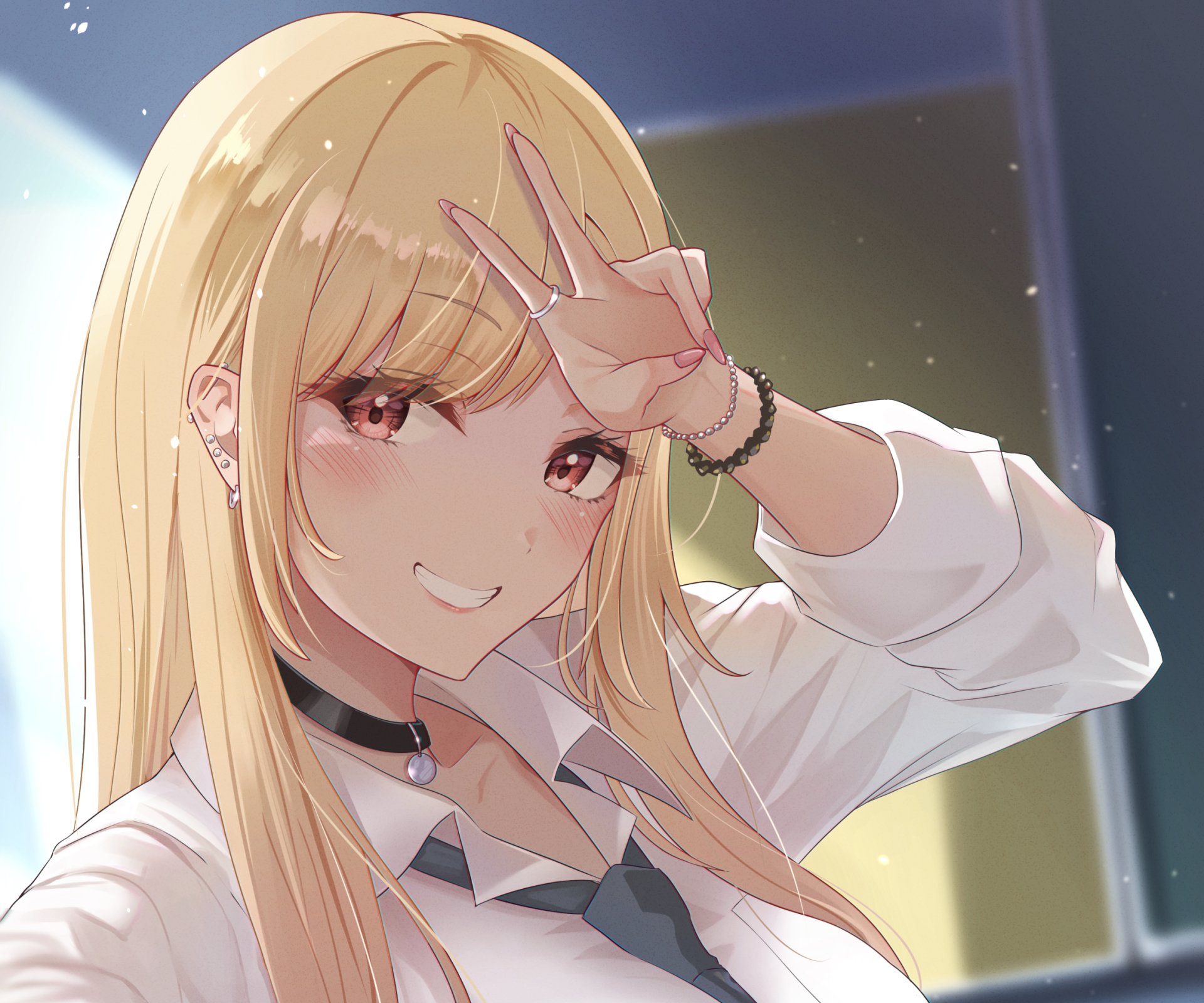 HD anime desktop wallpaper featuring Marin Kitagawa from My Dress-Up Darling, showcasing her cheerful expression and blonde hair with detailed shading.