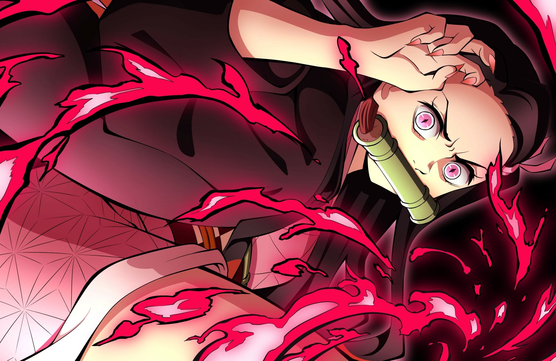4K Ultra HD PC desktop wallpaper featuring Nezuko Kamado from Demon Slayer: Kimetsu no Yaiba surrounded by glowing red energy.