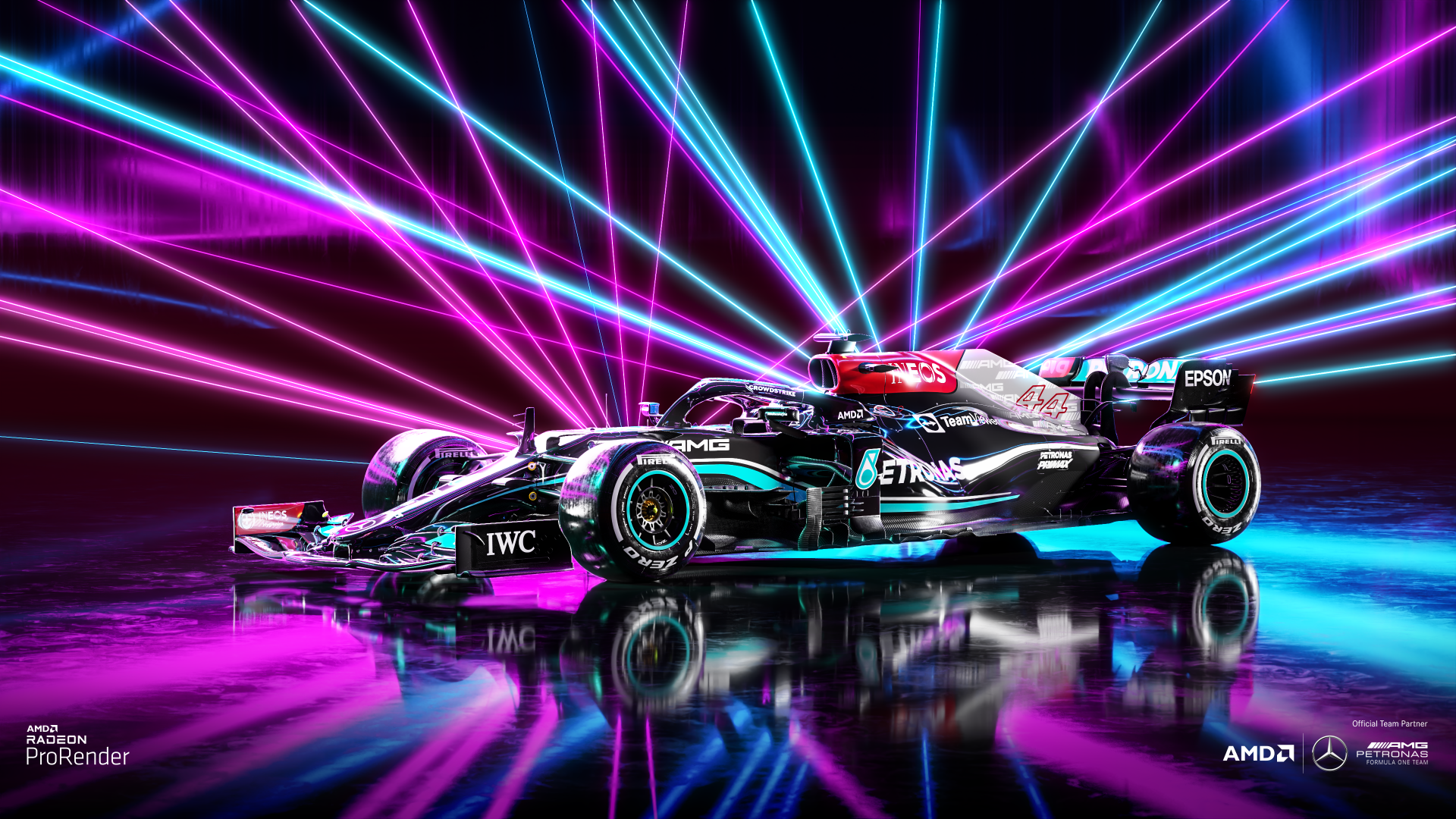 4K Ultra HD PC desktop wallpaper: neon-lit F1 race car on a reflective floor with vivid magenta and cyan laser beams streaking behind.