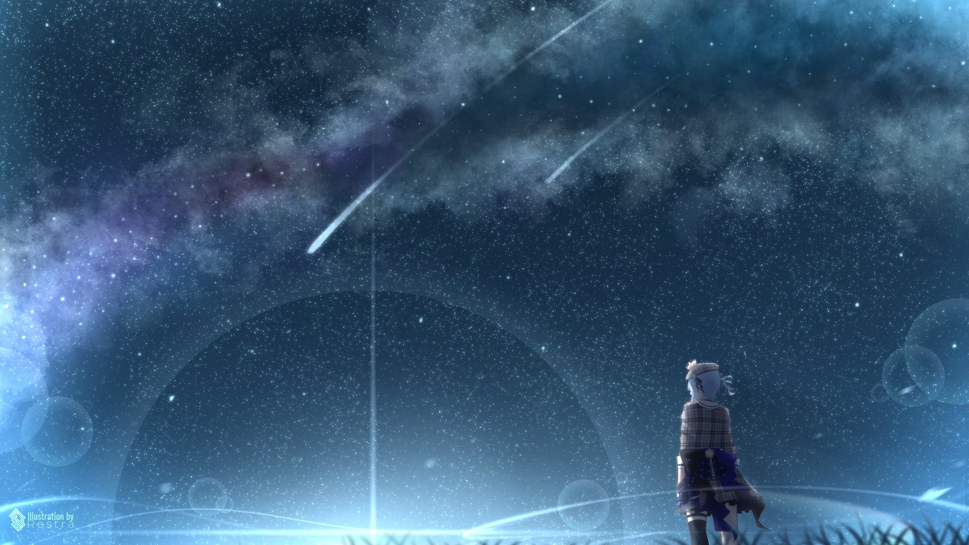 A 4K Ultra HD anime wallpaper featuring Hoshimachi Suisei from hololive as a virtual YouTuber, gazing at shooting stars in a starry night sky.