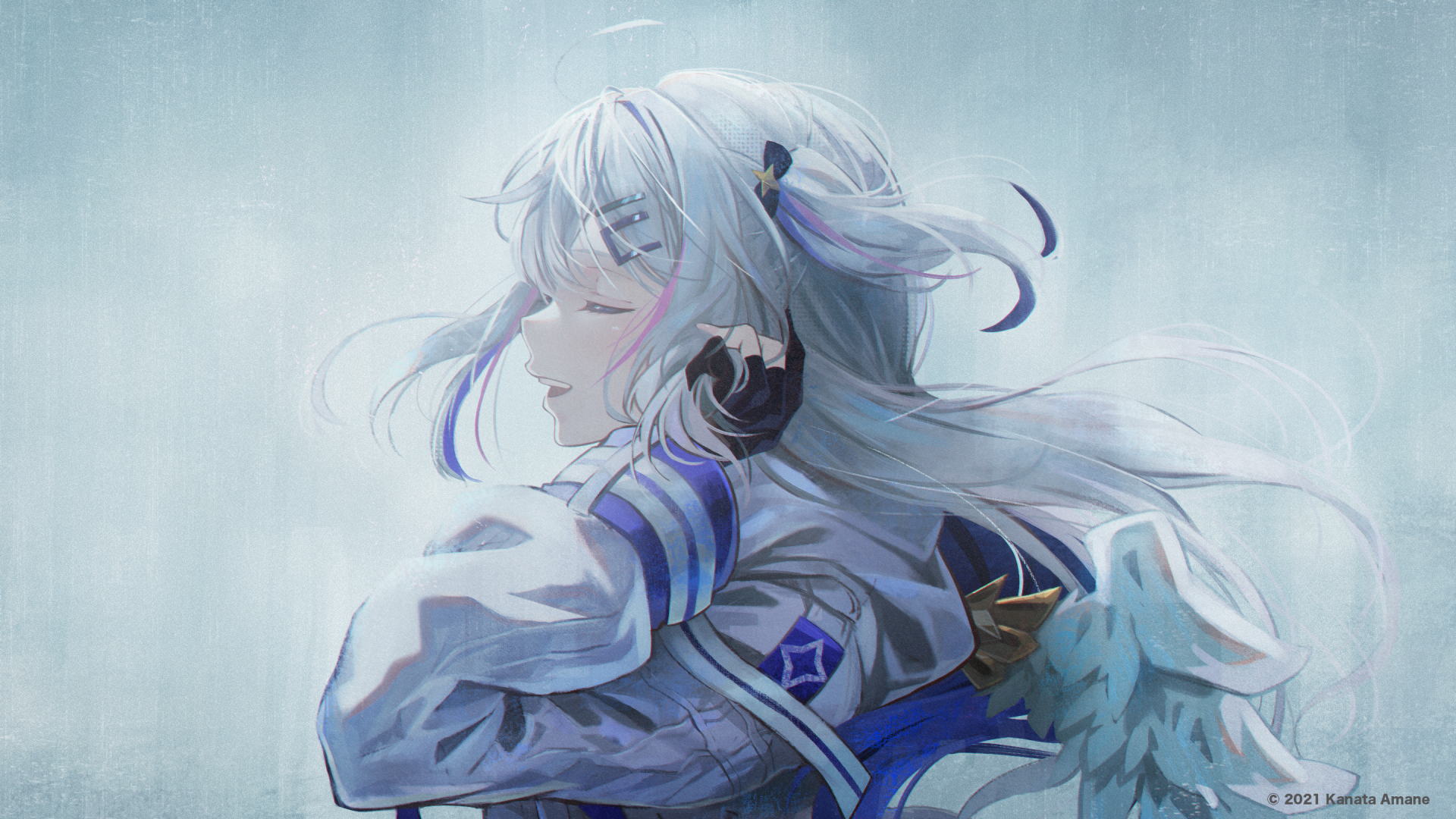 Hololive Virtual YouTuber Amane Kanata anime portrait, flowing silver hair and headphones in cool blues — atmospheric 2K Quad HD PC desktop wallpaper/background.