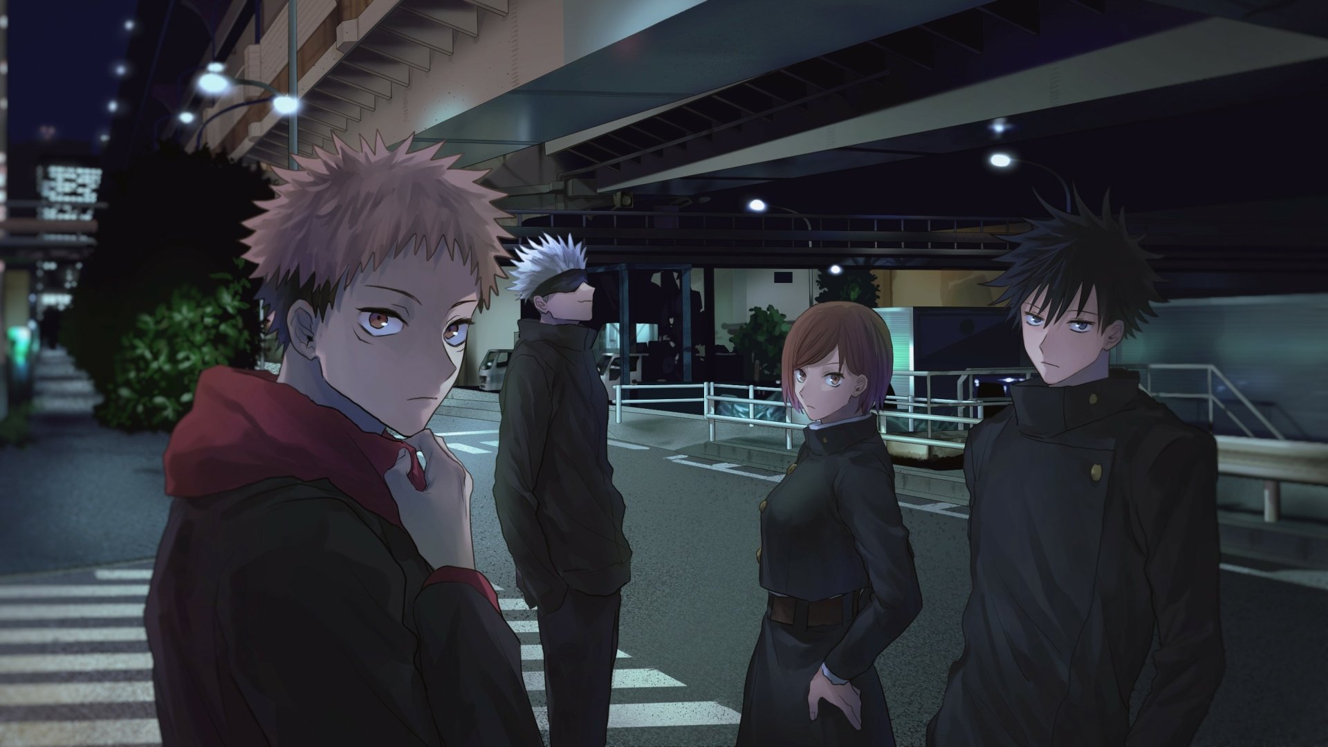 HD PC desktop wallpaper of Jujutsu Kaisen anime: Yuji Itadori, Nobara Kugisaki, Megumi Fushiguro and blindfolded Satoru Gojo standing under a night overpass.