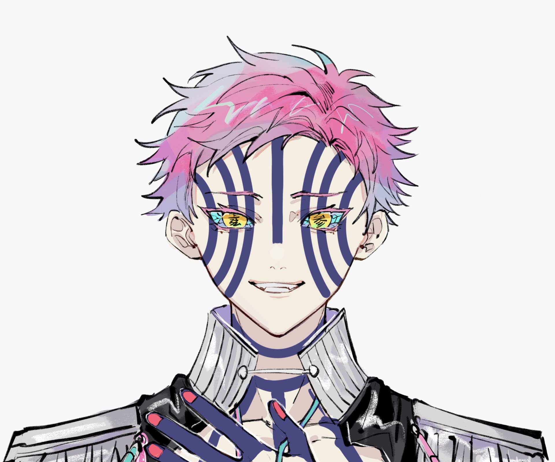 Akaza (Demon Slayer: Kimetsu no Yaiba) anime 2K Quad HD PC wallpaper — close-up of smiling pink-haired demon with blue facial stripes and multicolored eyes.