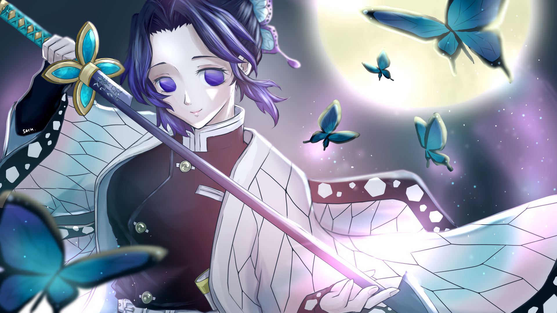 Shinobu Kochou from Demon Slayer: Kimetsu no Yaiba in anime 4K Ultra HD PC desktop wallpaper, moonlit scene with glowing butterflies and her sword.