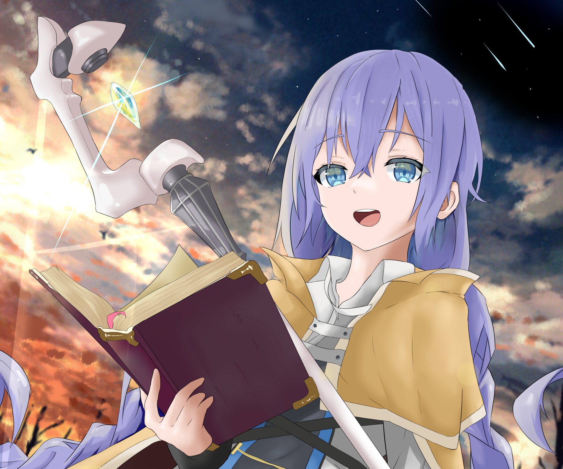 HD PC desktop wallpaper featuring Roxy Migurdia from the anime Mushoku Tensei: Jobless Reincarnation, holding a book with a magical staff against a dramatic sky.