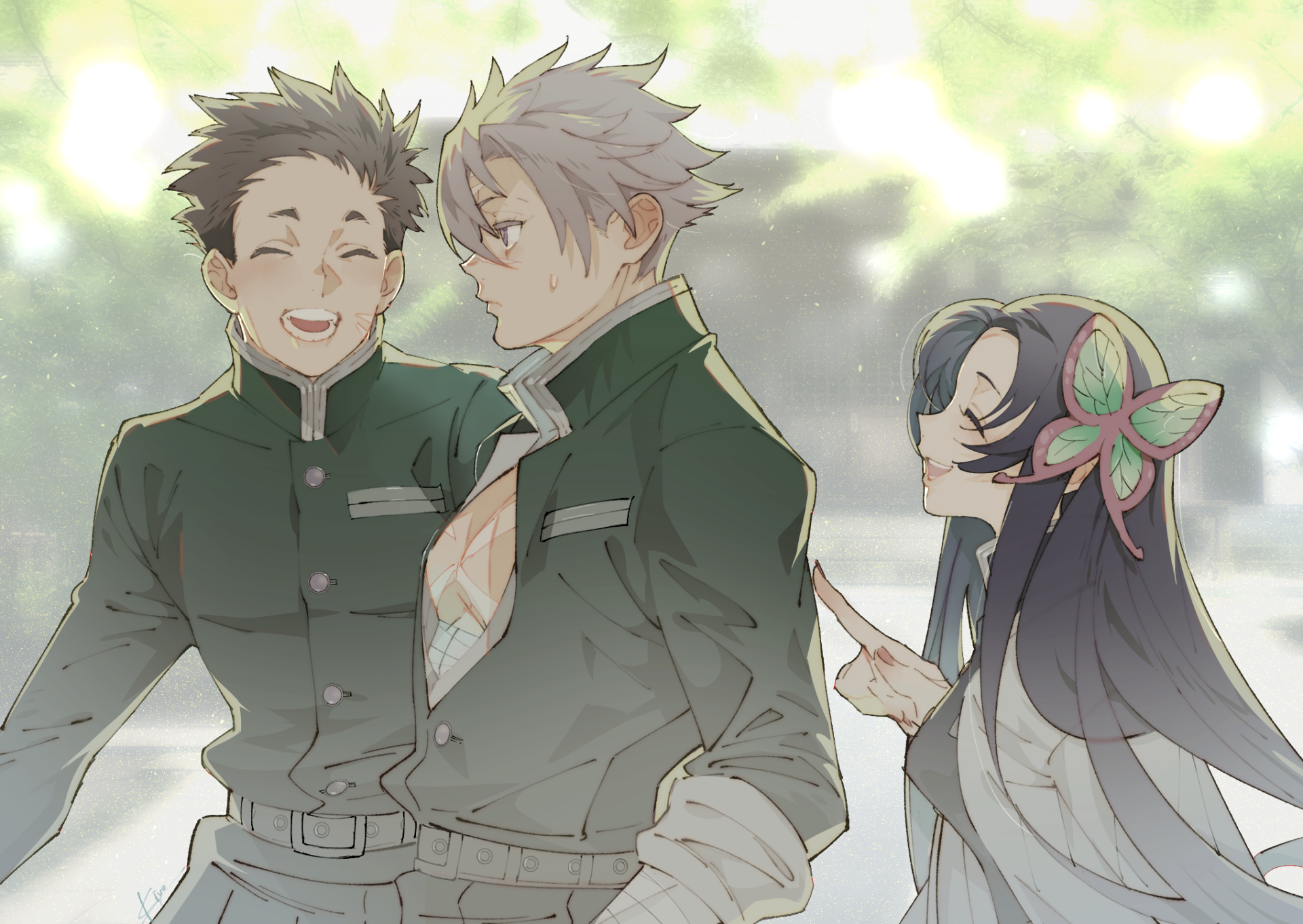 HD anime desktop wallpaper featuring Sanemi Shinazugawa and Kanae Kocho from Demon Slayer: Kimetsu no Yaiba in a serene, sunlit outdoor setting.