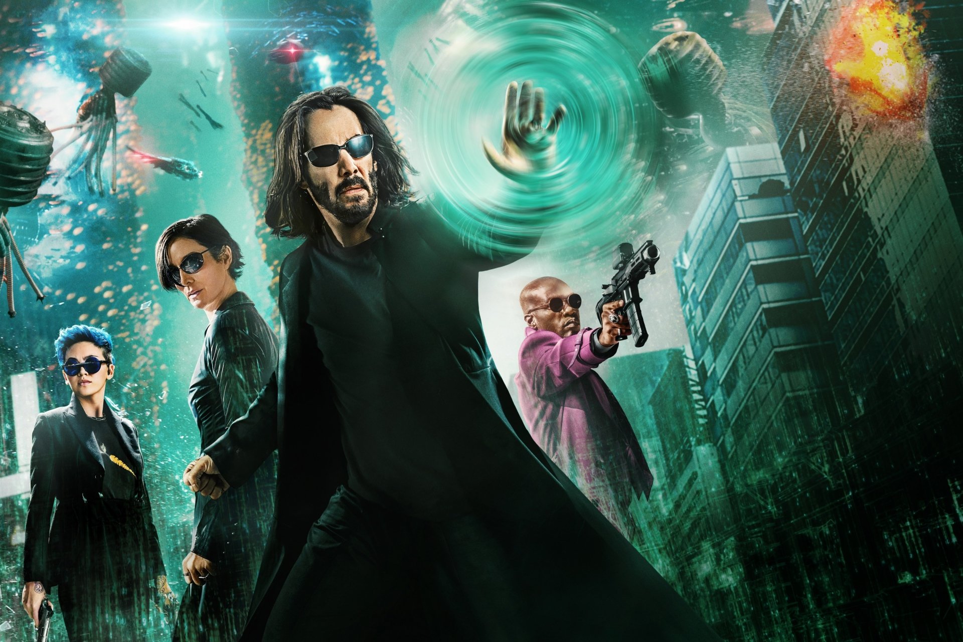Download Yahya Abdul-Mateen II Keanu Reeves Carrie-Anne Moss Morpheus (The Matrix) Neo (The Matrix) Trinity (The Matrix) Movie The Matrix Resurrections HD Wallpaper