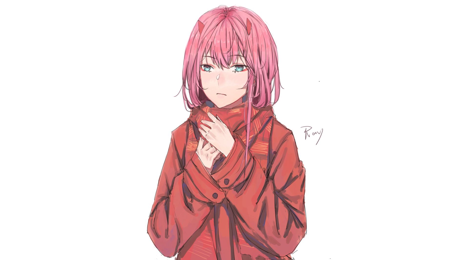 Illustration of Zero Two from Darling in the FranXX with pink hair and a red coat, designed as a 4K Ultra HD anime desktop wallpaper background.