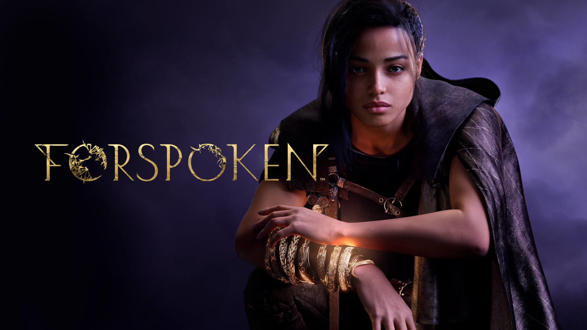 HD PC desktop wallpaper/background from the video game Forspoken: the protagonist seated against a smoky purple backdrop, cloaked with glowing bracelets, Forspoken logo at left.