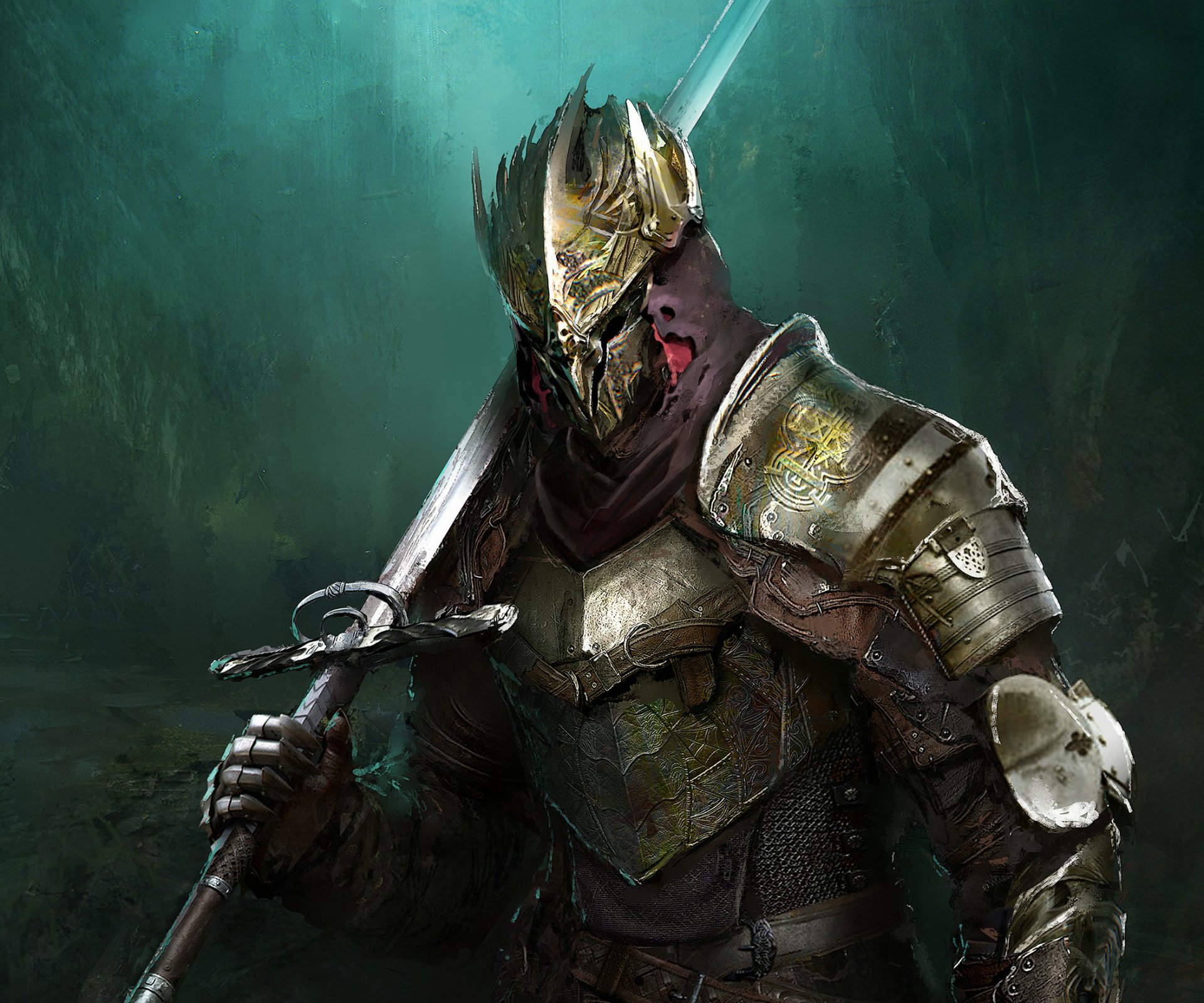 HD PC desktop wallpaper featuring an armored warrior from the video game Elden Ring, holding a large sword against a dark, atmospheric background.