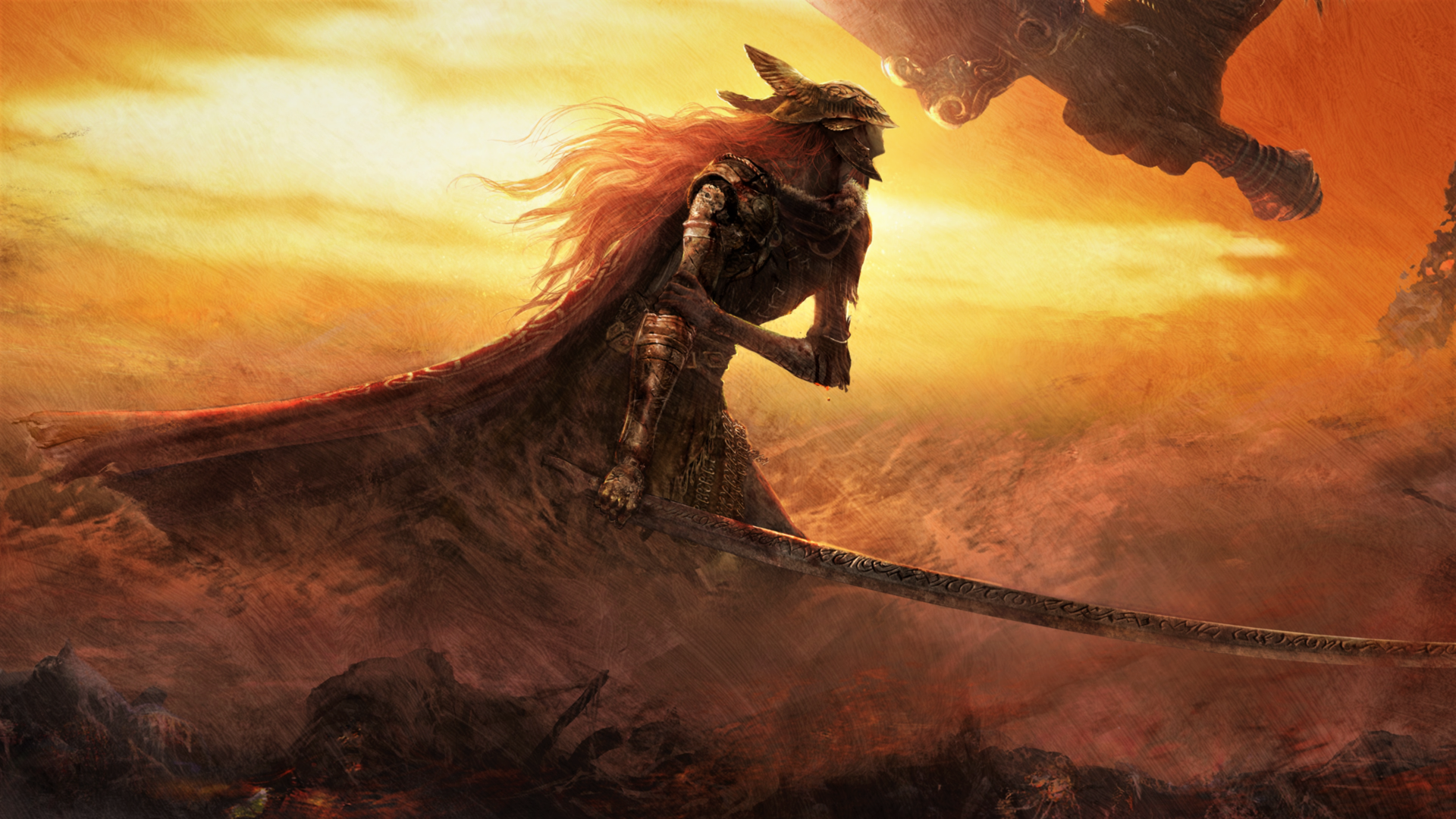 Malenia Blade of Miquella from Elden Ring stands poised with her long sword amid a fiery, dramatic landscape in this 4K Ultra HD video game desktop wallpaper.