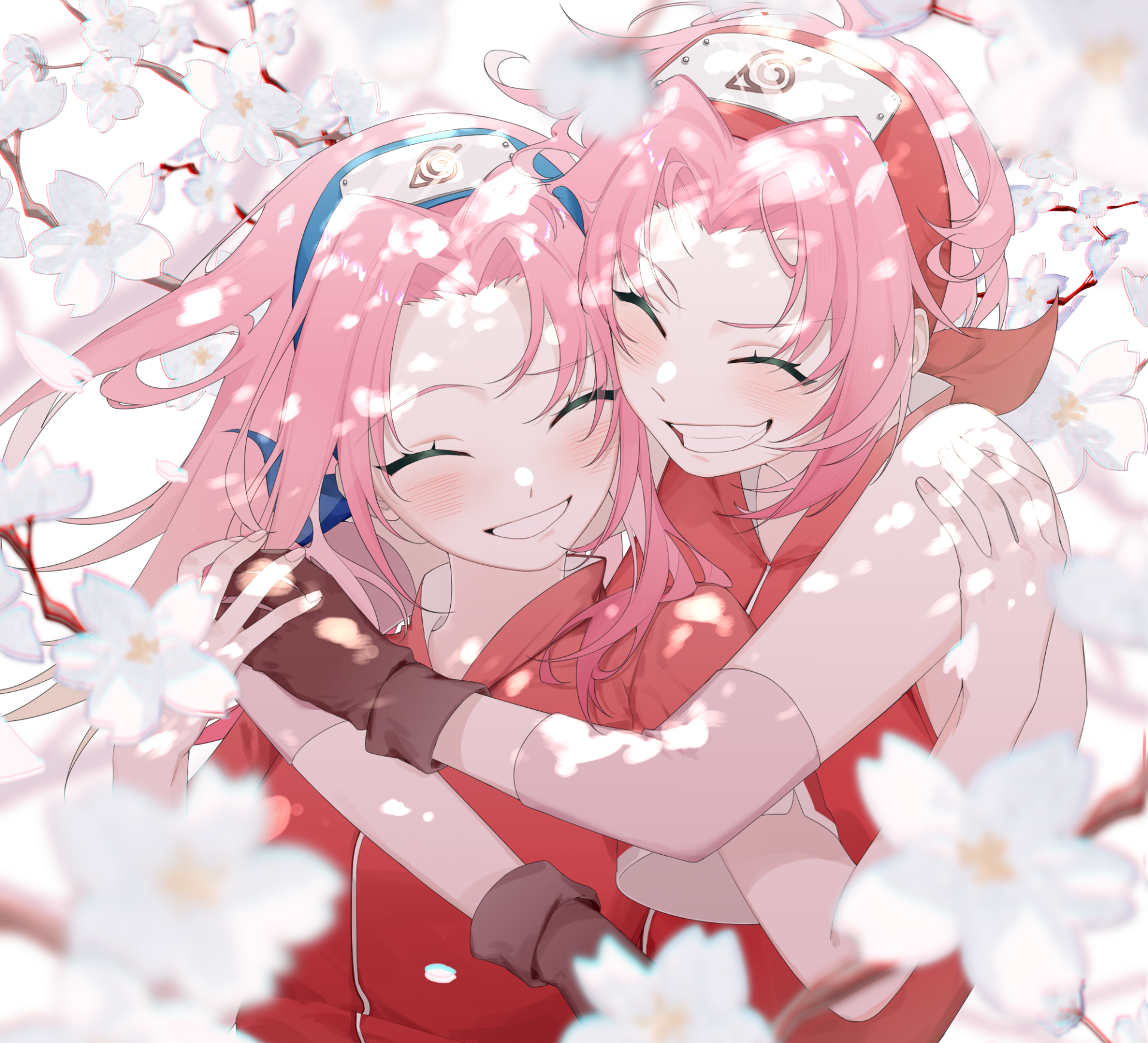 HD anime desktop wallpaper featuring Sakura Haruno from Naruto, smiling warmly amidst falling cherry blossoms in a vibrant and detailed background.