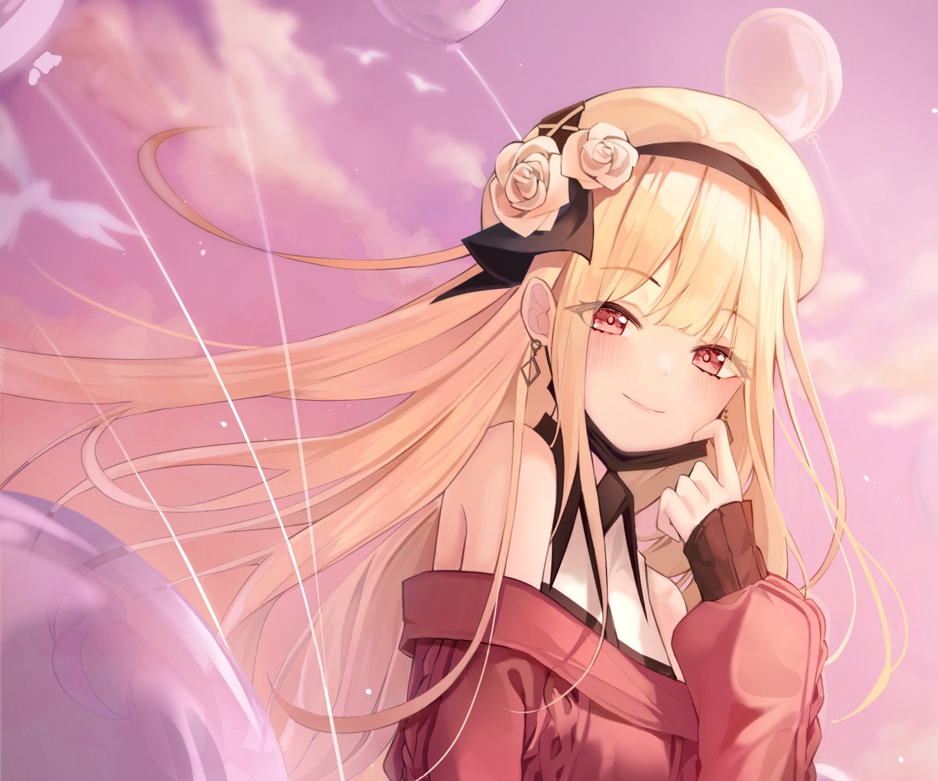 HD PC desktop wallpaper of a blonde anime girl with long flowing hair, rose headband and gentle smile set against a pastel pink sky with soft light and drifting strands.