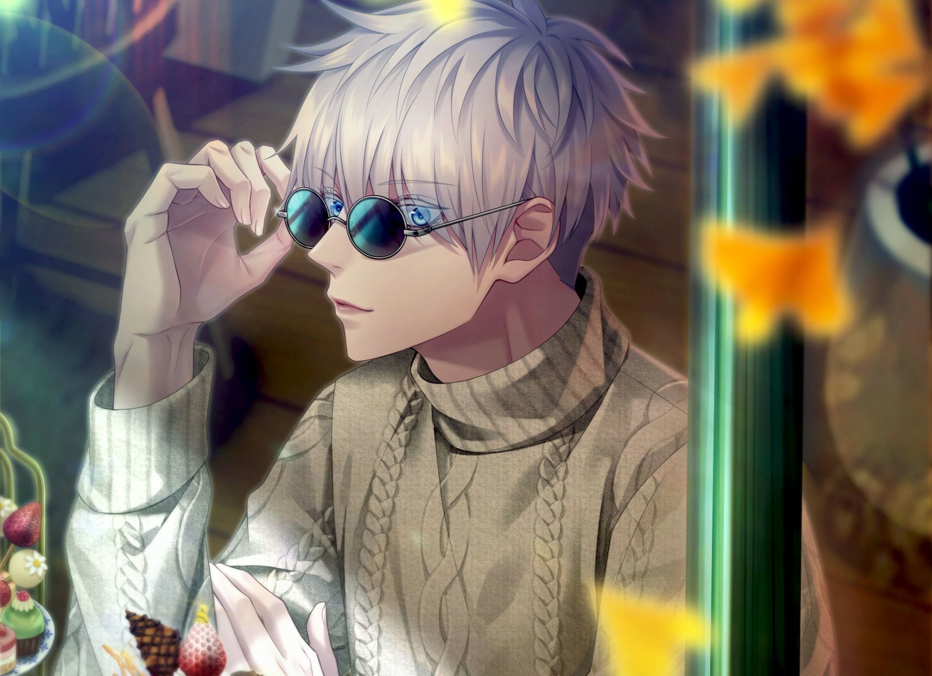 HD PC desktop wallpaper featuring Satoru Gojo from Jujutsu Kaisen adjusting his sunglasses, with detailed anime-style artwork and warm lighting effects.