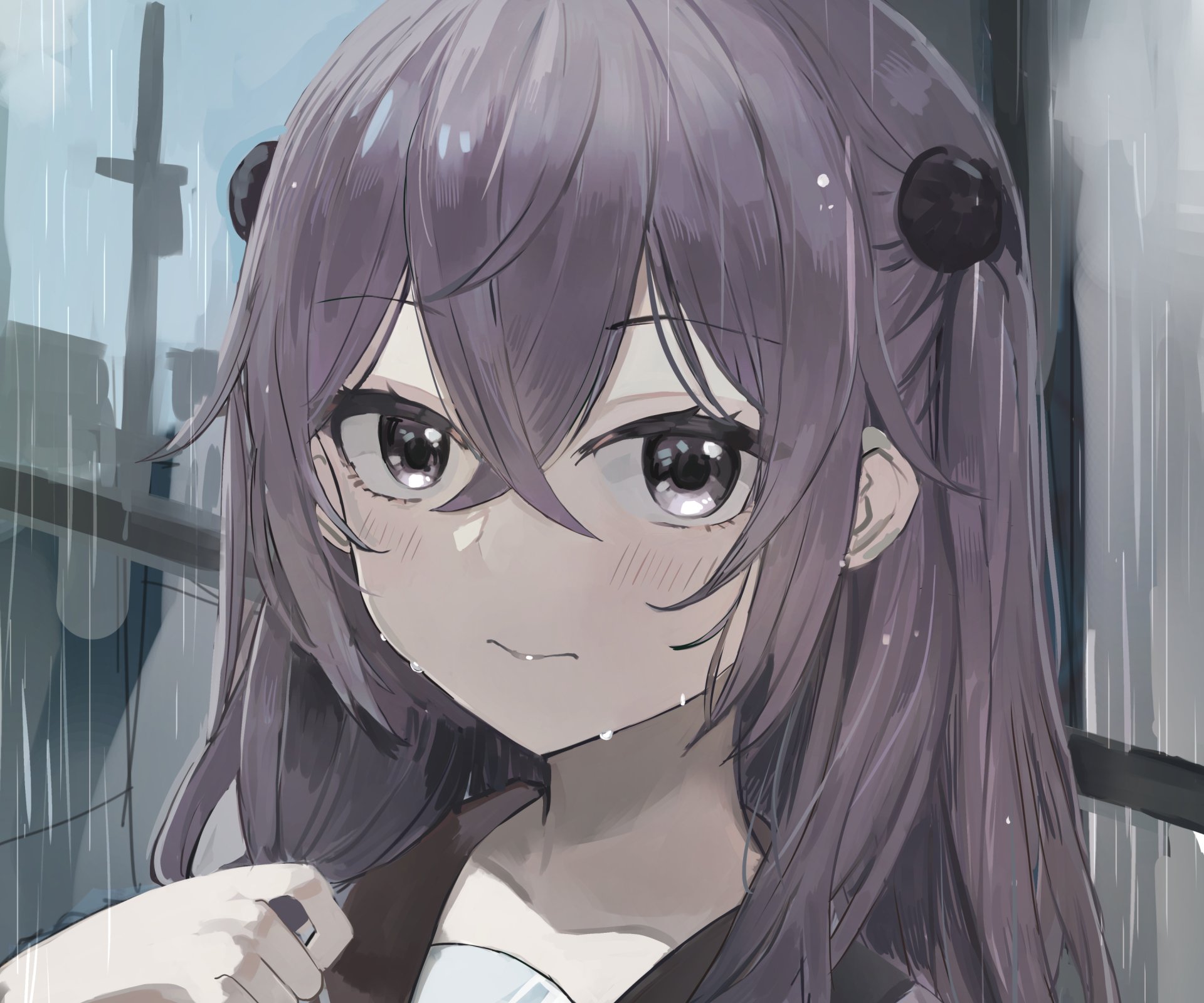 HD PC desktop wallpaper/background of Sajuna Inui from My Dress-Up Darling: close-up anime portrait with rain-soaked purple twin-tails, muted gray-purple tones and a quiet, pensive expression.
