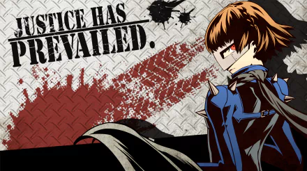 HD desktop wallpaper featuring Makoto Niijima from Persona 5 Royal, with bold text Justice Has Prevailed against a textured, dynamic background.