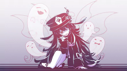 4K Ultra HD PC wallpaper featuring Hu Tao from the video game Genshin Impact with playful ghostly spirits surrounding her.