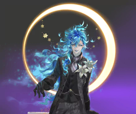 Idia Shroud from the video game Twisted Wonderland, standing against a purple sky with a glowing crescent halo, flowing blue hair, black suit and white lily — HD PC desktop wallpaper