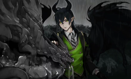 HD desktop wallpaper featuring Malleus Draconia from the video game Twisted Wonderland, showcasing dark fantasy elements with a dragon and moody atmosphere.