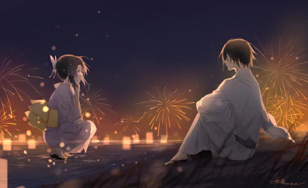 Giyuu Tomioka and Shinobu Kochou from Demon Slayer: Kimetsu no Yaiba sit together watching fireworks at night in a 4K Ultra HD anime wallpaper.