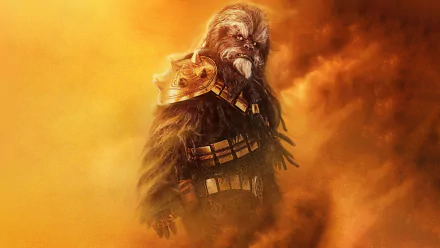 Black Krrsantan from The Book of Boba Fett stands fiercely amid a fiery, smoky background in this 4K Ultra HD TV show wallpaper.