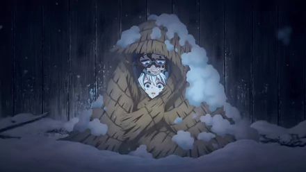 8K Ultra HD wallpaper featuring Gyutaro and Daki from Demon Slayer: Kimetsu no Yaiba, wrapped in snow-covered straw, set against a dark wooden backdrop.