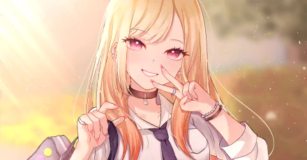 HD anime wallpaper of Marin Kitagawa from My Dress-Up Darling, featuring her smiling with a peace sign against a warm, glowing background.