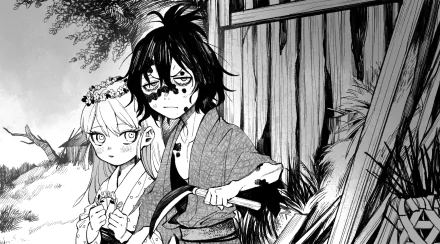 Monochrome 2K Quad HD PC desktop wallpaper of Gyutaro and Daki from Demon Slayer: Kimetsu no Yaiba, anime siblings posed by a wooden fence in detailed manga-style art.