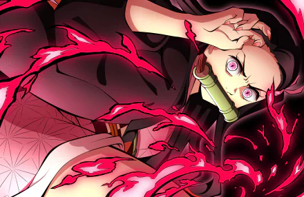4K Ultra HD PC desktop wallpaper featuring Nezuko Kamado from Demon Slayer: Kimetsu no Yaiba surrounded by glowing red energy.