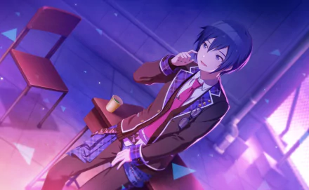 HD PC wallpaper of Kaito (Vocaloid) from the video game Project Sekai: Colorful Stage! feat. Hatsune Miku — blue-haired singer in a school-style jacket holding a mic in a purple-lit room.