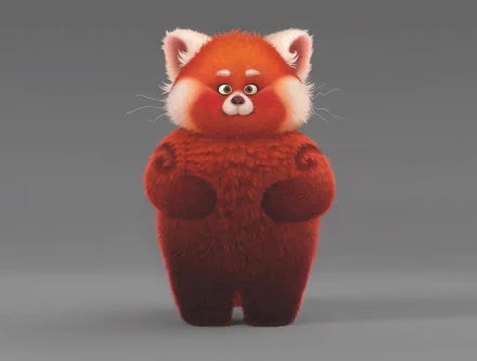 Fluffy red panda character from the movie Turning Red standing upright with paws to chest on a neutral gray backdrop — 2K Quad HD PC desktop wallpaper/background.