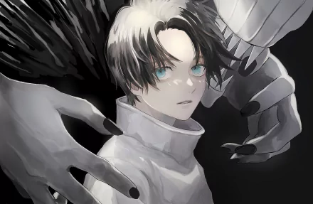 HD PC desktop wallpaper featuring Yuta Okkotsu from the anime Jujutsu Kaisen with striking white and black hair and intense blue eyes.