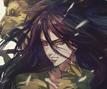 HD PC wallpaper of Tsukasa Shishio from the anime Dr. Stone, depicting him with intense red eyes and flowing dark hair against a dynamic background.