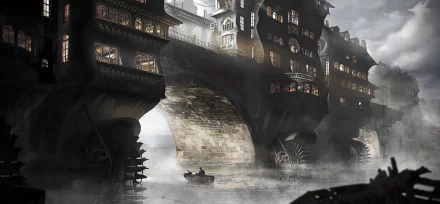 HD PC desktop wallpaper and background from the video game Syberia: The World Before — misty river under giant gear-lined stone bridges, lantern-lit buildings and a lone rowboat.