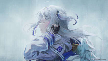 Hololive Virtual YouTuber Amane Kanata anime portrait, flowing silver hair and headphones in cool blues — atmospheric 2K Quad HD PC desktop wallpaper/background.