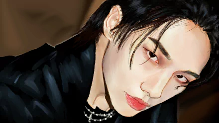 4K Ultra HD digital artwork of Hyunjin from Stray Kids, featuring a close-up portrait with a dark background, highlighting his intense gaze and stylish look.