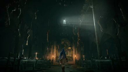 HD PC desktop wallpaper featuring a dark, atmospheric scene from the video game Elden Ring with a lone character standing in a dimly lit, grand hall.