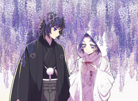 Anime HD desktop wallpaper featuring Giyuu Tomioka and Shinobu Kochou from Demon Slayer: Kimetsu no Yaiba under cascading purple wisteria flowers.