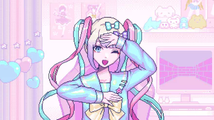 HD PC desktop wallpaper featuring OMGkawaiiAngel-chan from the video game NEEDY GIRL OVERDOSE in a pastel-themed room with vibrant pink and blue tones.