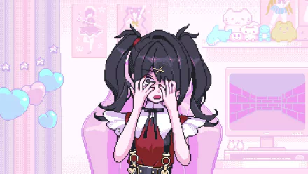 HD PC desktop wallpaper featuring Ame-chan from the video game NEEDY GIRL OVERDOSE in a colorful, pixel-art style room with pastel decorations.