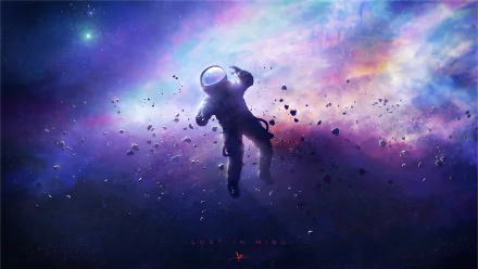 HD desktop wallpaper of an astronaut drifting in a vibrant cosmic setting with stars and nebulae, titled Lost in Mind.