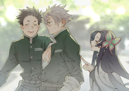 HD anime desktop wallpaper featuring Sanemi Shinazugawa and Kanae Kocho from Demon Slayer: Kimetsu no Yaiba in a serene, sunlit outdoor setting.