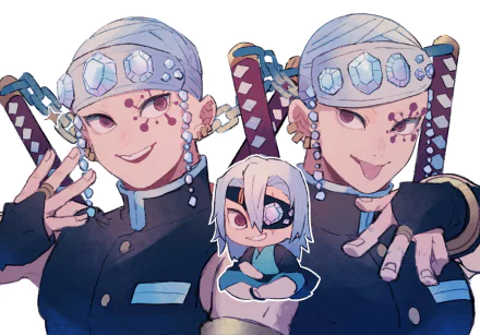 HD PC desktop wallpaper featuring Tengen Uzui from the anime Demon Slayer: Kimetsu no Yaiba, showcasing his distinctive headband, gemstones, and dual swords.