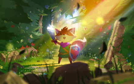 4K Ultra HD PC desktop wallpaper featuring a vibrant scene from the video game Tunic, showcasing a small fox warrior holding a sword and shield in a sunlit forest.