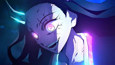 HD desktop wallpaper featuring Nezuko Kamado from Demon Slayer: Kimetsu no Yaiba with glowing eyes and a fierce expression amidst a dark and vibrant background.