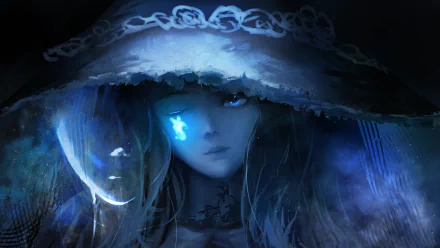 HD desktop wallpaper featuring Ranni the Witch from the video game Elden Ring, showcasing a mystical and dark blue-toned portrait with ethereal lighting.