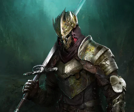 HD PC desktop wallpaper featuring an armored warrior from the video game Elden Ring, holding a large sword against a dark, atmospheric background.