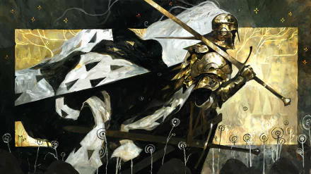 HD Elden Ring PC desktop wallpaper featuring a golden armored knight wielding a spear, set against a dynamic, abstract background with contrasting light and dark elements.